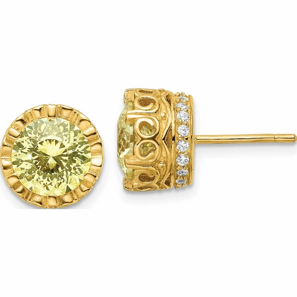 Canary Yellow CZ Crown Set Gold Stud Earrings Top Quality 